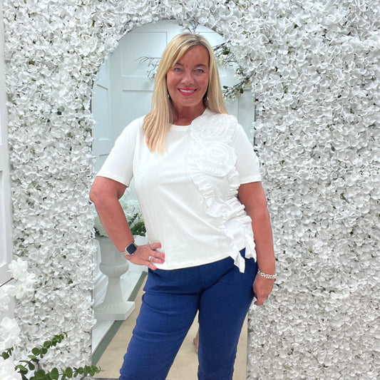 Amalia: White huge ruffle flower top. One size: 14-18