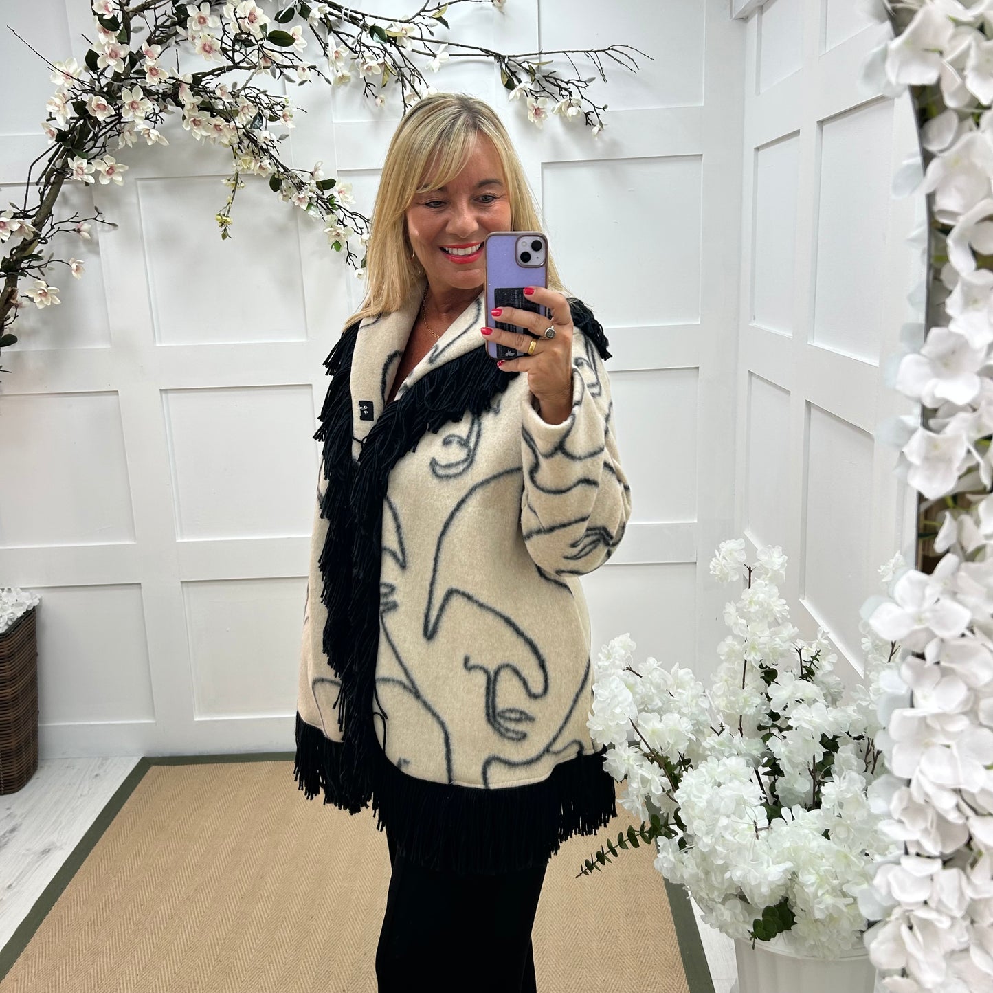 Ottilie: Cream wool fringe abstract coat. One size 14-20
