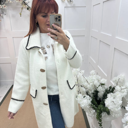 Ivy: White gold button long coatigan. One size 10-16