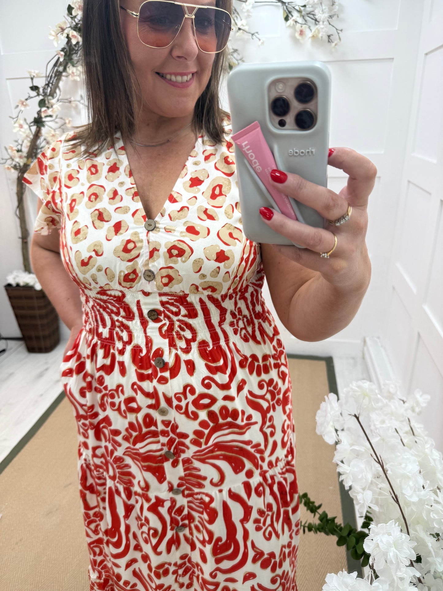 Poppy: Red V neck stretchy maxi dress. One size: 10-20