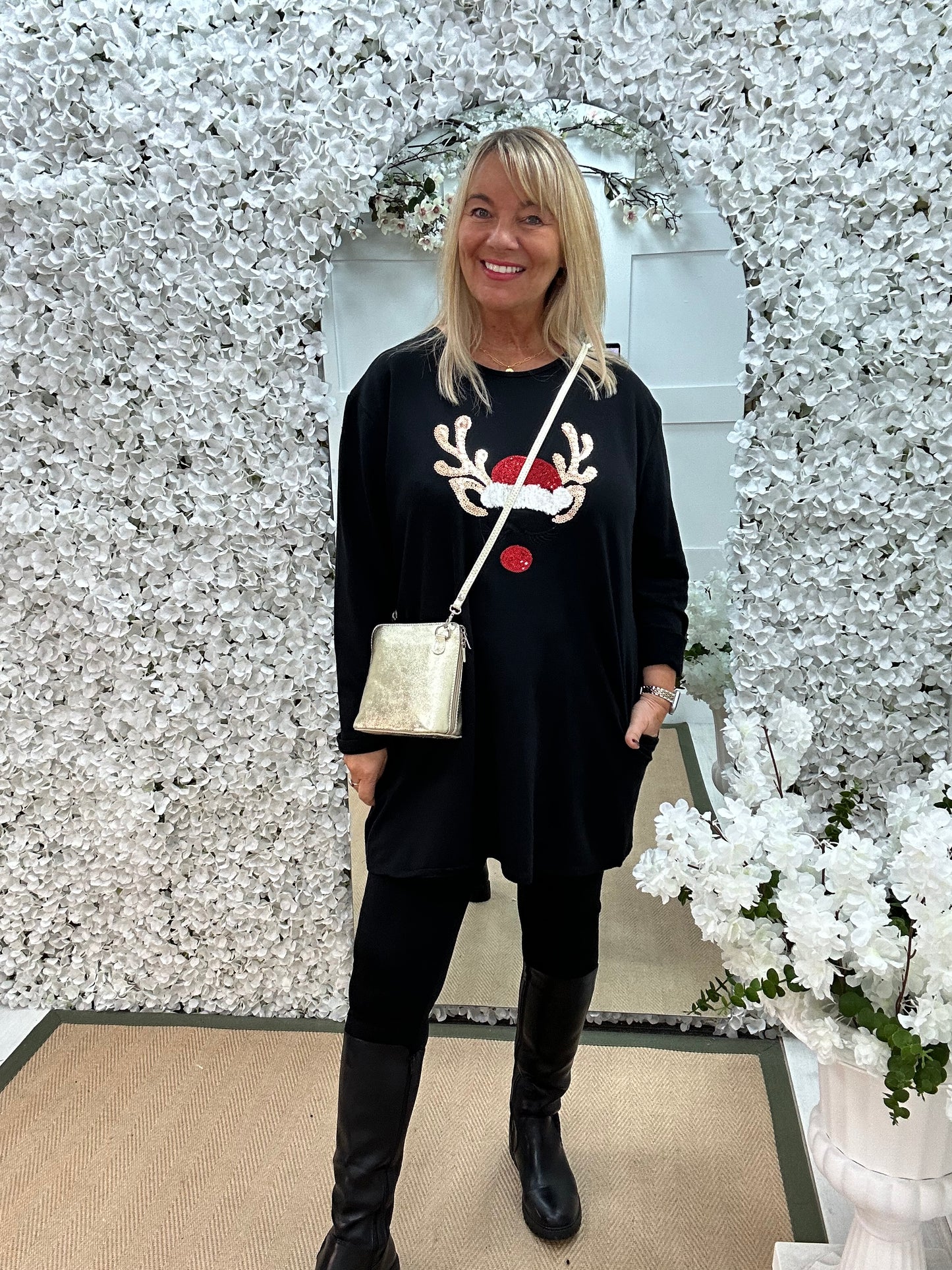 Vixen: Black reindeer oversized top. One size: 16-20