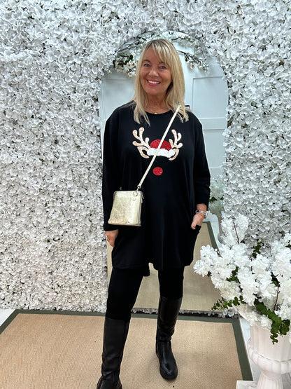 Vixen: Black reindeer oversized top. One size: 16-20