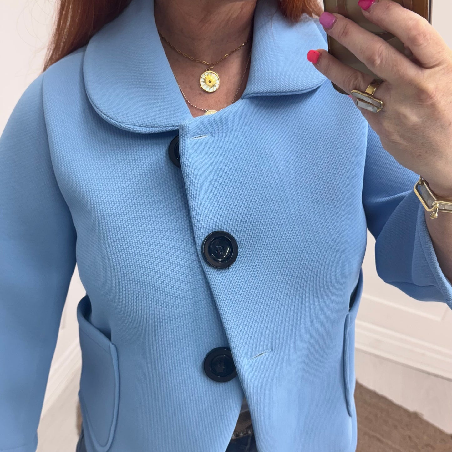 Margot: Blue short large button jacket. One size: 10-16