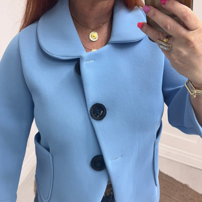 Margot: Blue short large button jacket. One size: 10-16