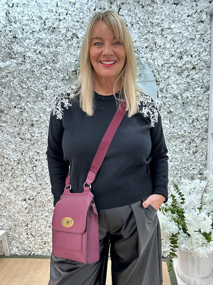 Fleur: Black embroidered shoulder knit. 2 sizes