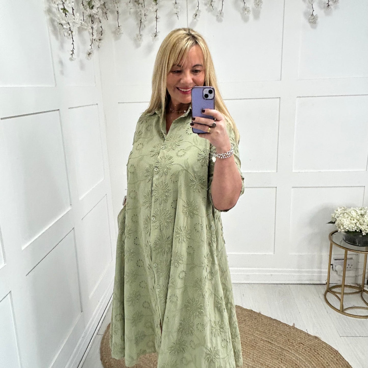 Adele: Khaki embroidered pocket shirt dress. One size: 16-24