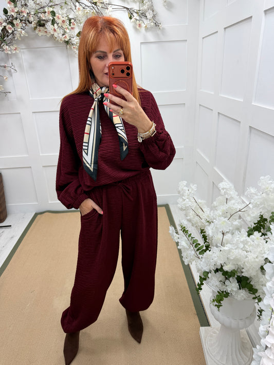 Raven: Textured long sleeve top & cuffed trouser set. One Sz: 12-18. 3 colours