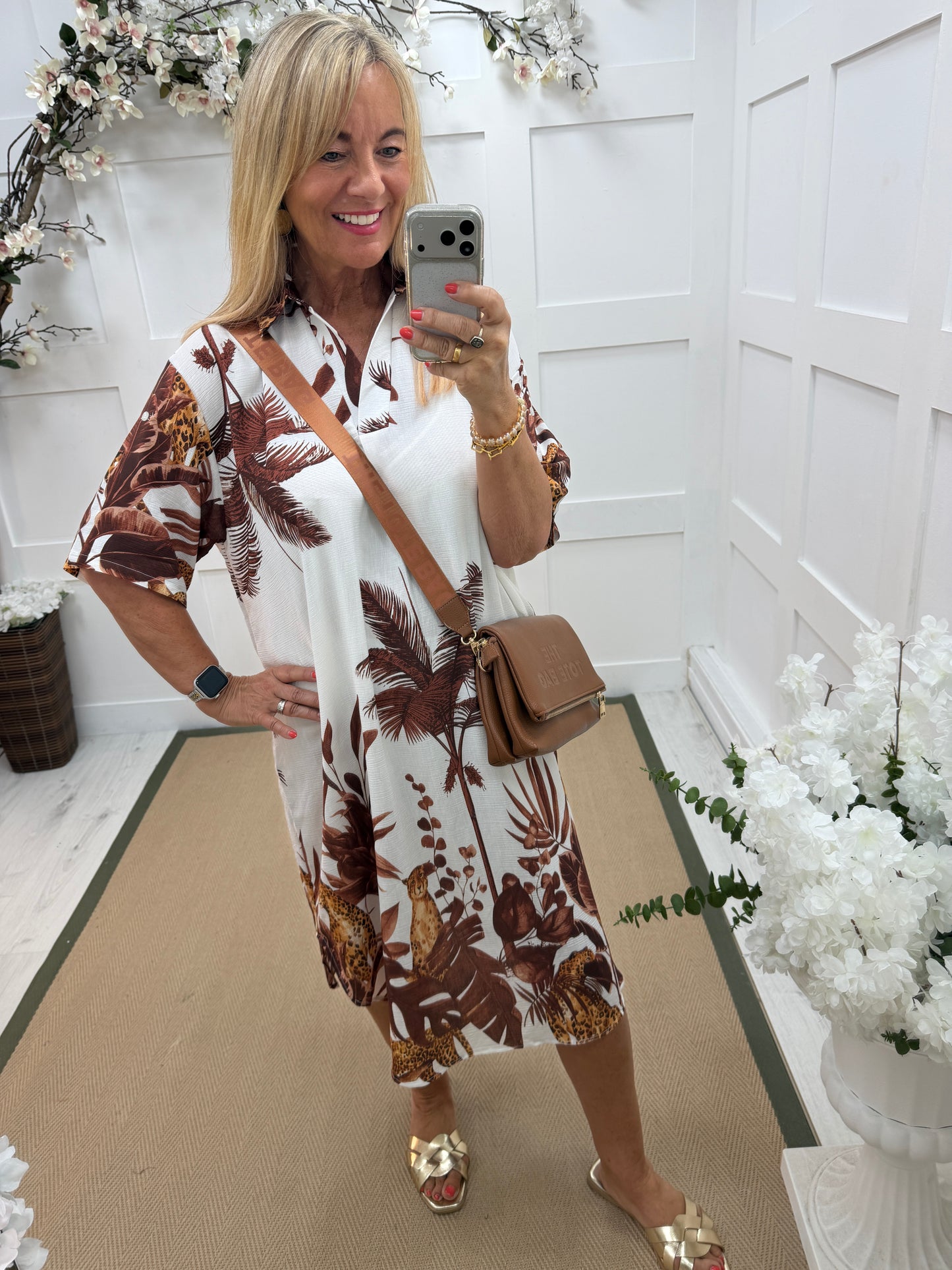 Daniella: Brown & white leaf print V neck midi dress. One size: 16-20