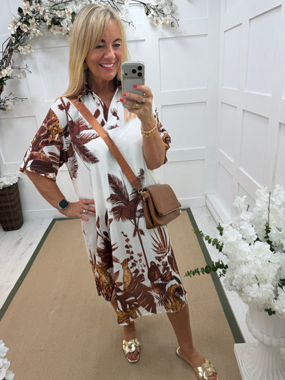 Daniella: Brown & white leaf print V neck midi dress. One size: 16-20