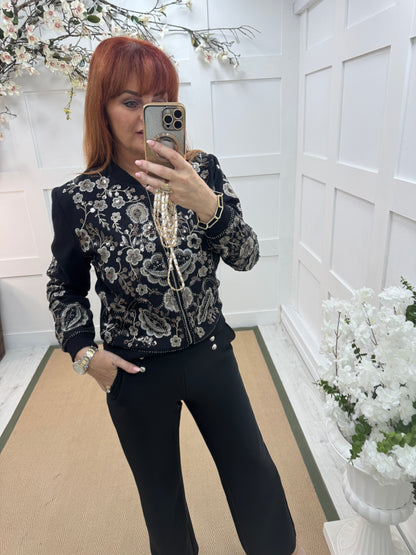 Shelby: Black & gold sequin floral bomber jacket. 3 sizes