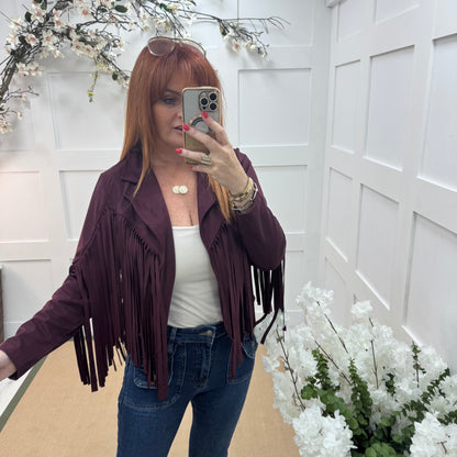 Heidi: Burgundy short suede fringe jacket. One size: 8-14