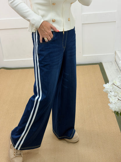 JoJo: Blue sports stripe jeans style trousers. 3 Sizes