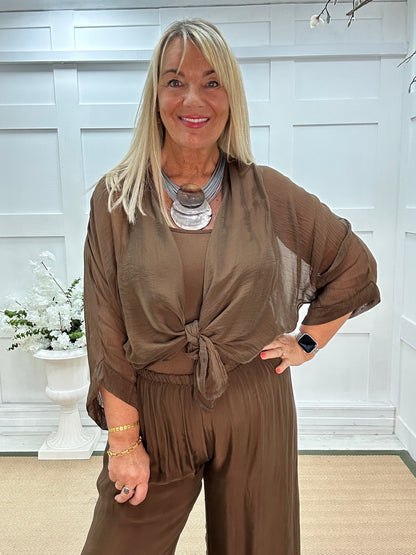 Venice: Brown silk wide leg trousers. One size: 12-20