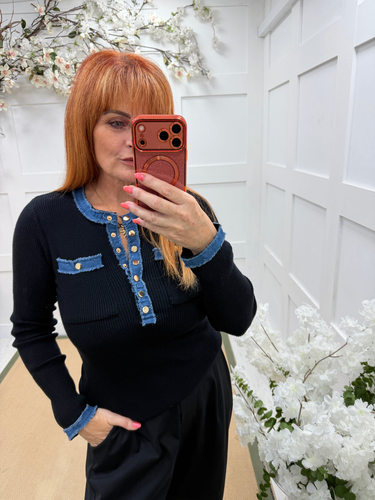 Darla: Denim outline gold button fine knit top. 2 sizes. 2 colours