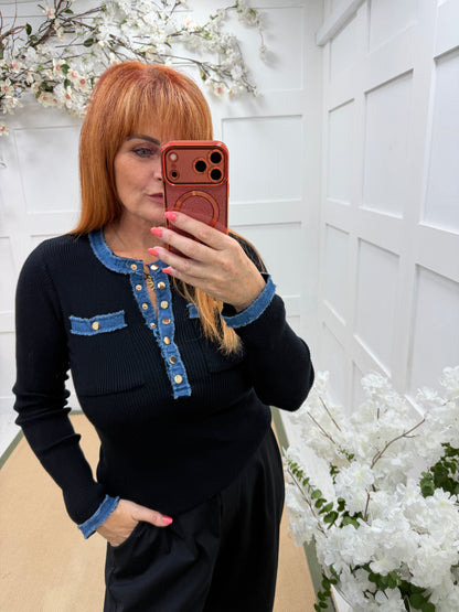 Darla: Denim outline gold button fine knit top. 2 sizes. 2 colours