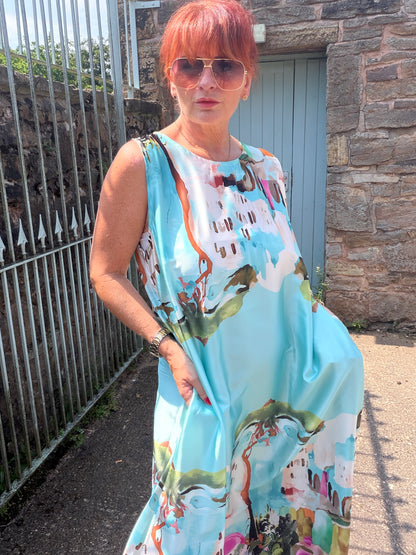 Amida : Amalfi scene sleeveless dress with pockets. One size 14-20. 2 colours
