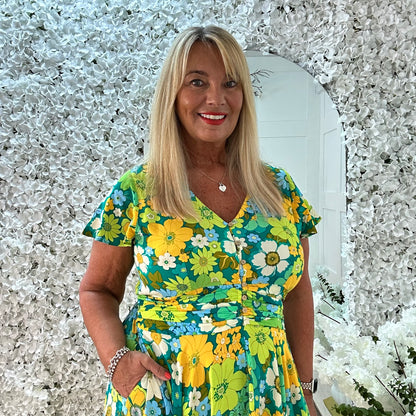 Vanessa: Green & lemon V neck maxi dress. Sizes: 8-16
