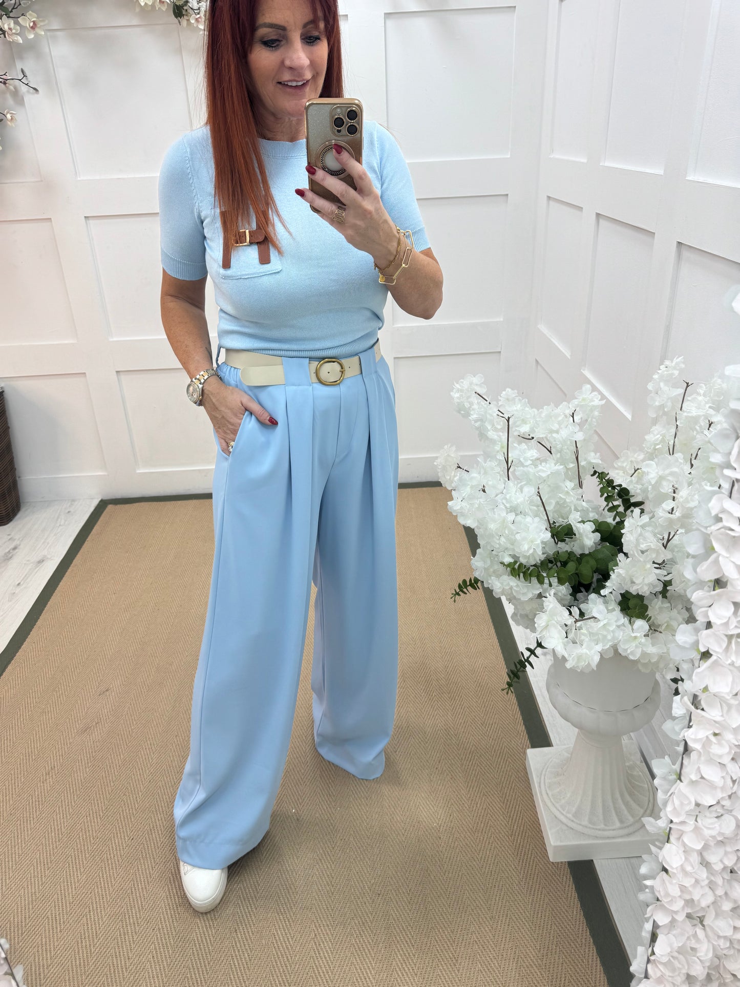 Trinity: Blue wide leg belted trousers. One size: 10-16
