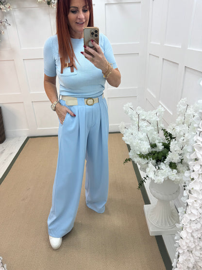 Trinity: Blue wide leg belted trousers. One size: 10-16