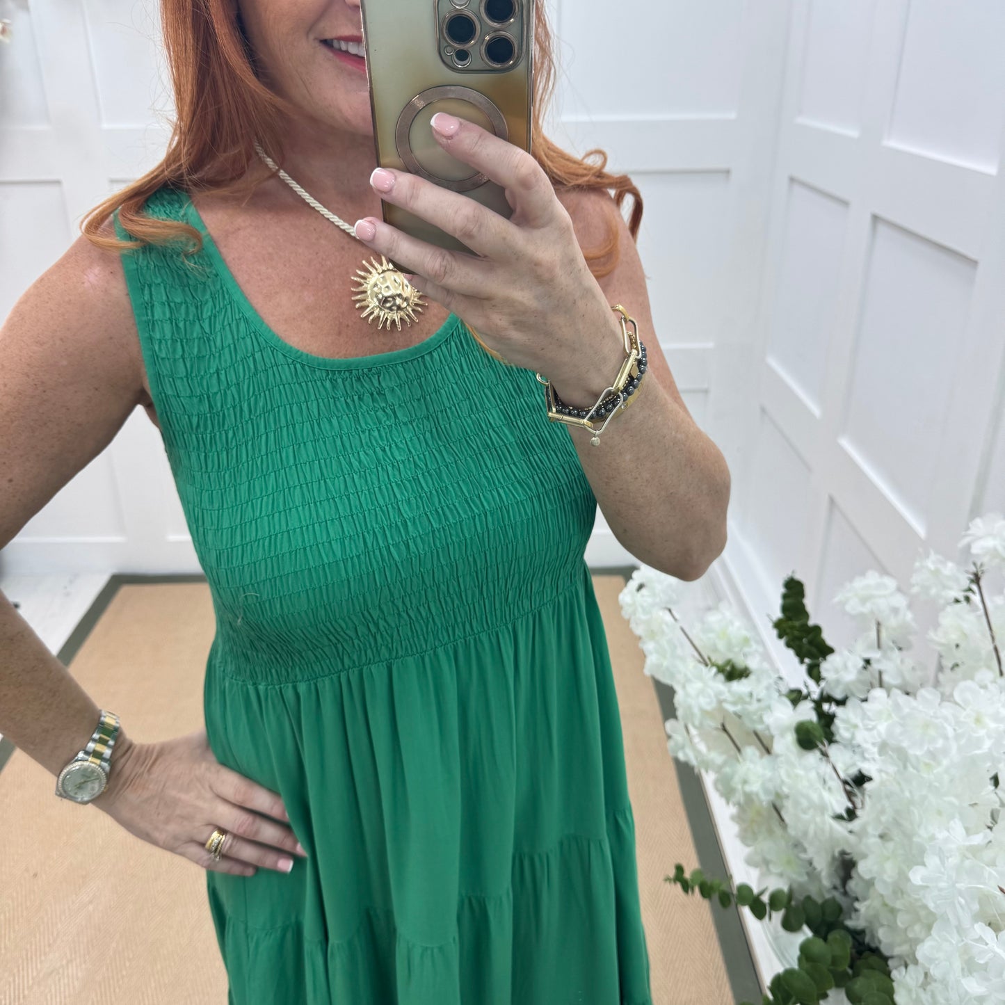 Melody: Green shirred midi dress. One size: 12-18