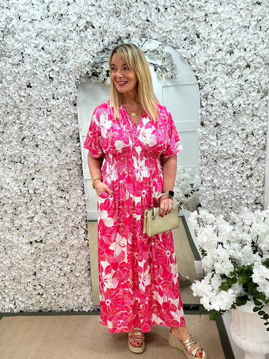 Harriet: Stretchy hot pink floral maxi dress. One size 12-20