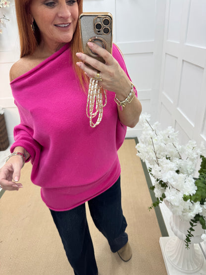 Samantha: Hot pink asymmetrical slouch top. One size 10-18