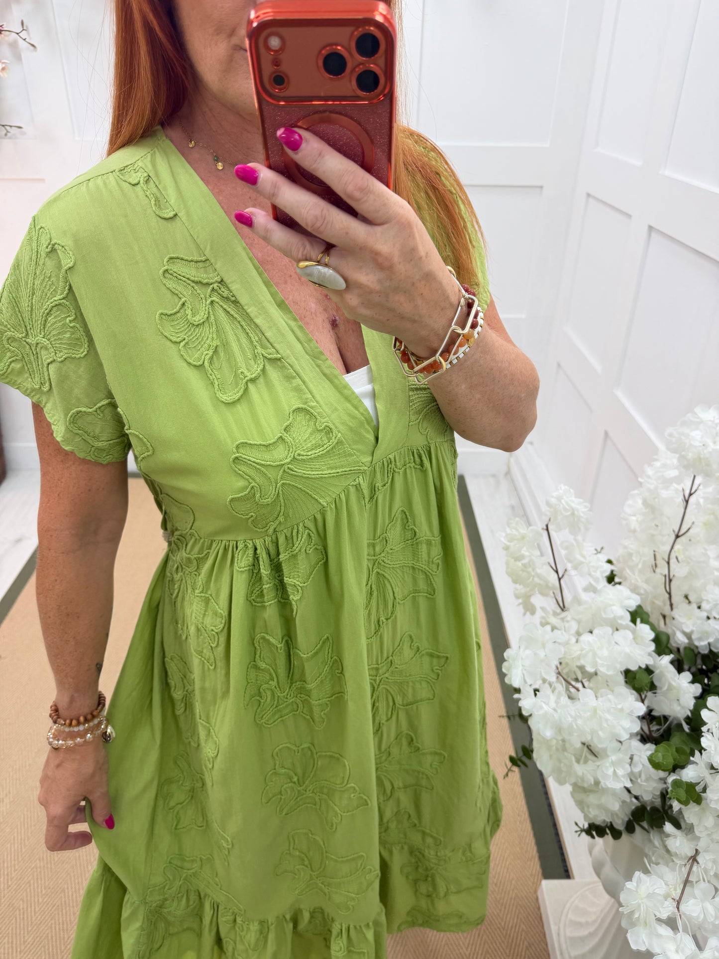 April: Floral embroidered belted midi dress. One size: 10-16. 3 colours
