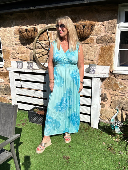 Phoebe: Stretchy turquoise blue maxi dress. One size 12-18