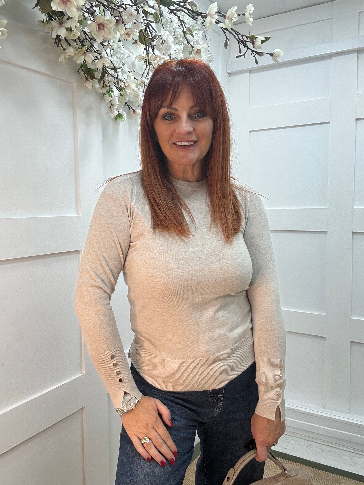 Lulu: Beige gold button knitted top. One Sz: 8-14