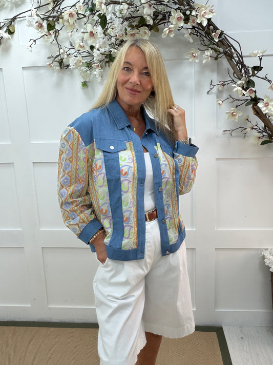 Jayla: Paisley embroidered denim shacket. One size: 14-20