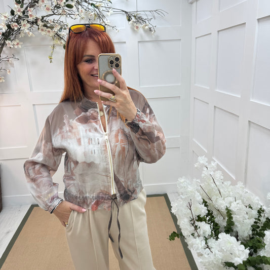 Kira: Silky brown Amalfi printed bomber jacket. One size: 8-16