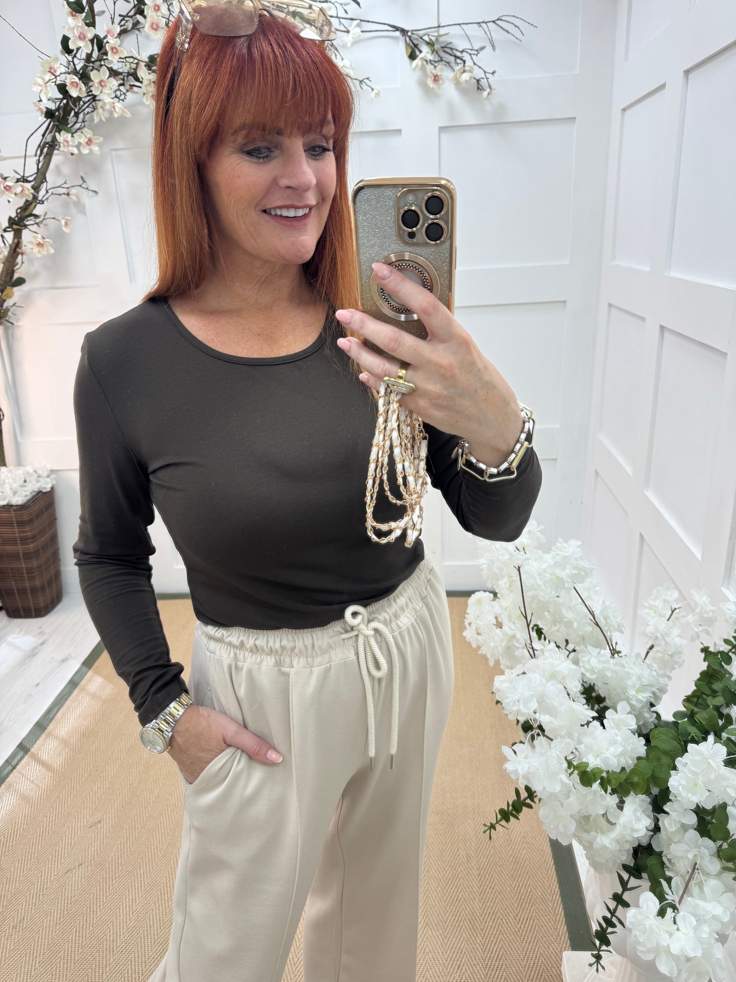 Bessie: Brown basic long sleeve top. One size: 10-16/18