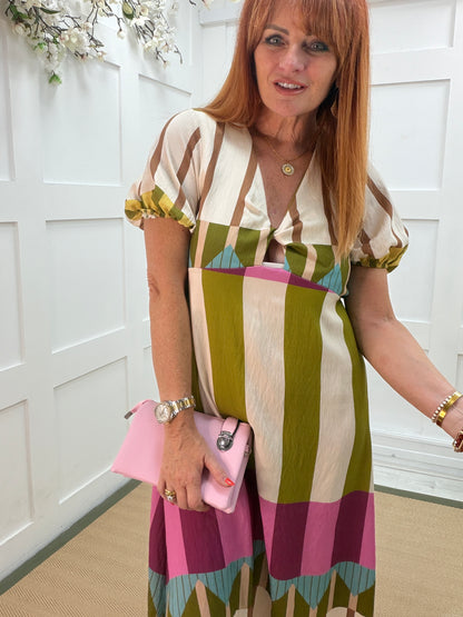 Alana: Abstract stripe V neck midi dress. One size: 10-14. 3 colours