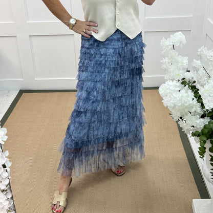 Tiffany: Tulle blue net multi layer midi skirt. One size 8-16