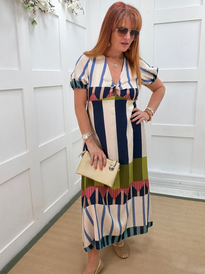 Alana: Abstract stripe V neck midi dress. One size: 10-14. 3 colours