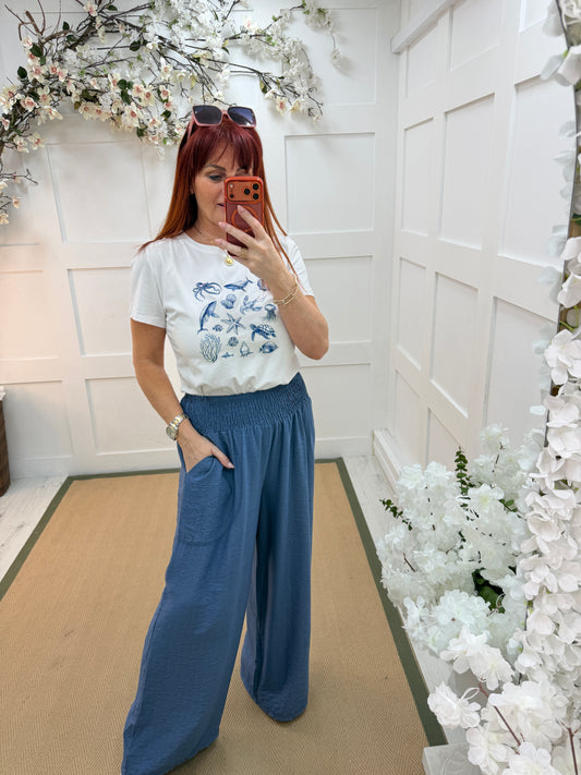Saylor: White diamanté blue sea-life T shirt. 3 sizes