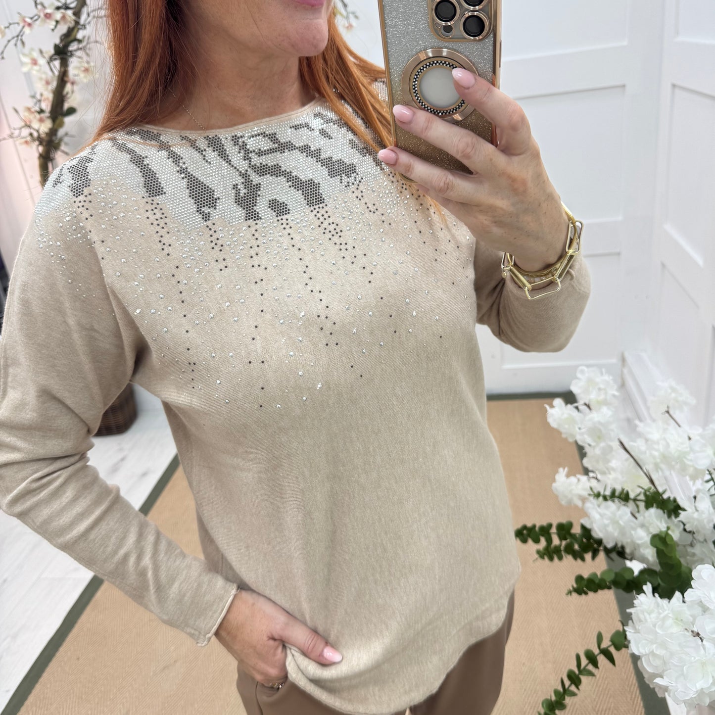 Coco: Beige & diamanté long sleeve knit top. One size: 10-16/18