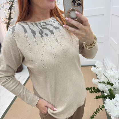 Coco: Beige & diamanté long sleeve knit top. One size: 10-16/18