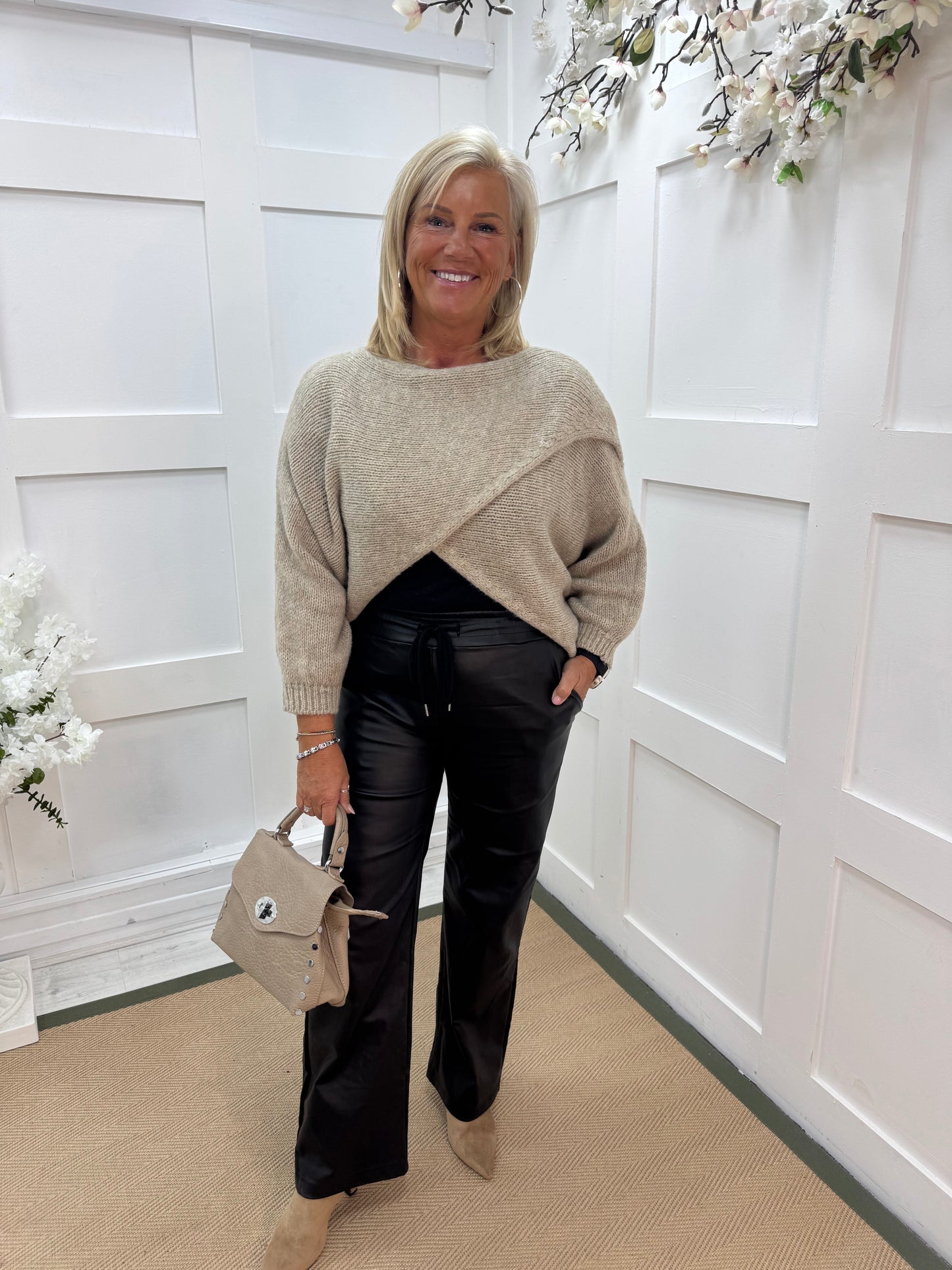 Willow: Oatmeal stretchy short wrap top. One size: 10-18