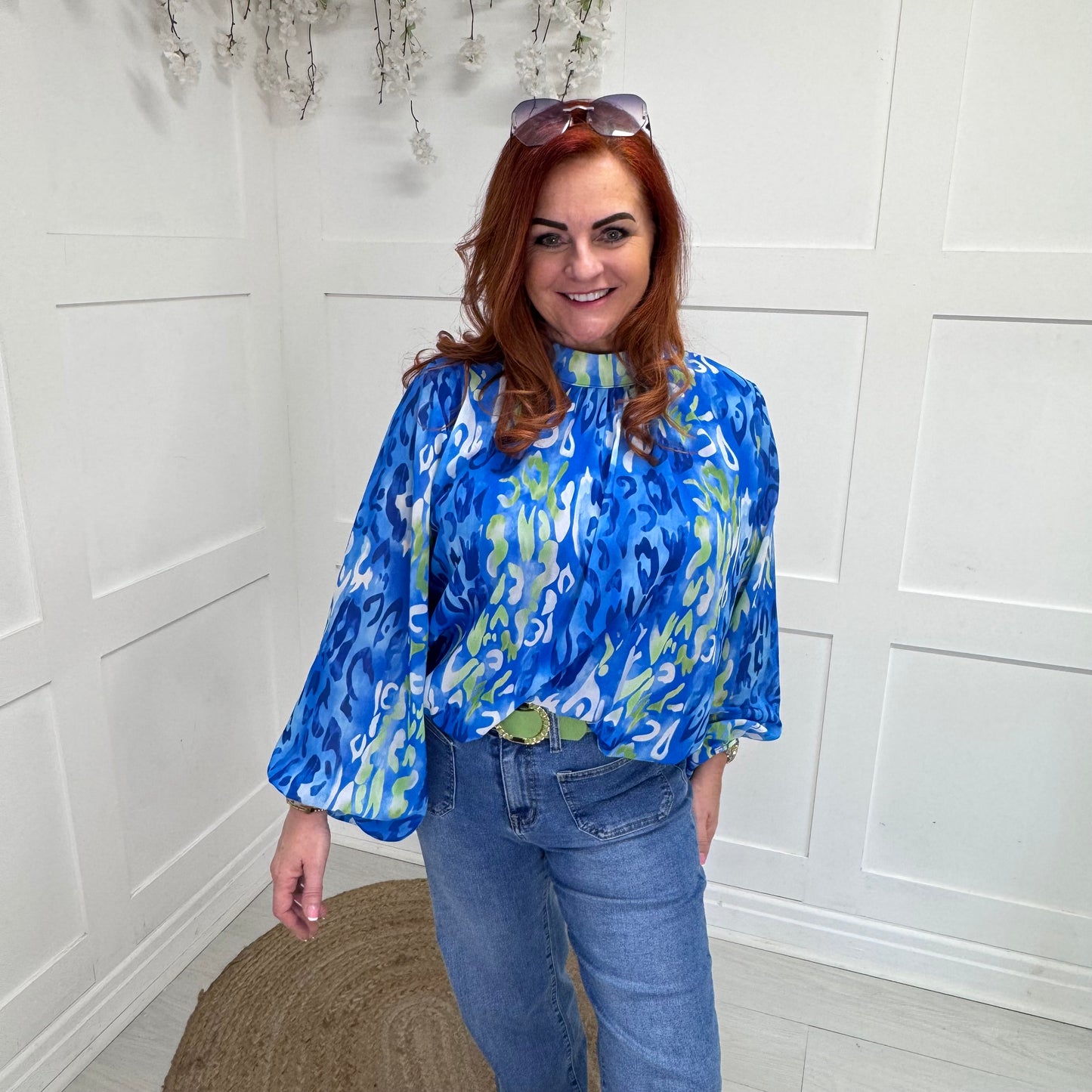 Holly: Blue & lime leopard print top. One size: 12-18
