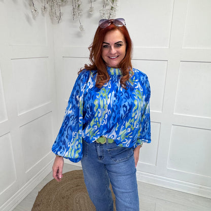 Holly: Blue & lime leopard print top. One size: 12-18