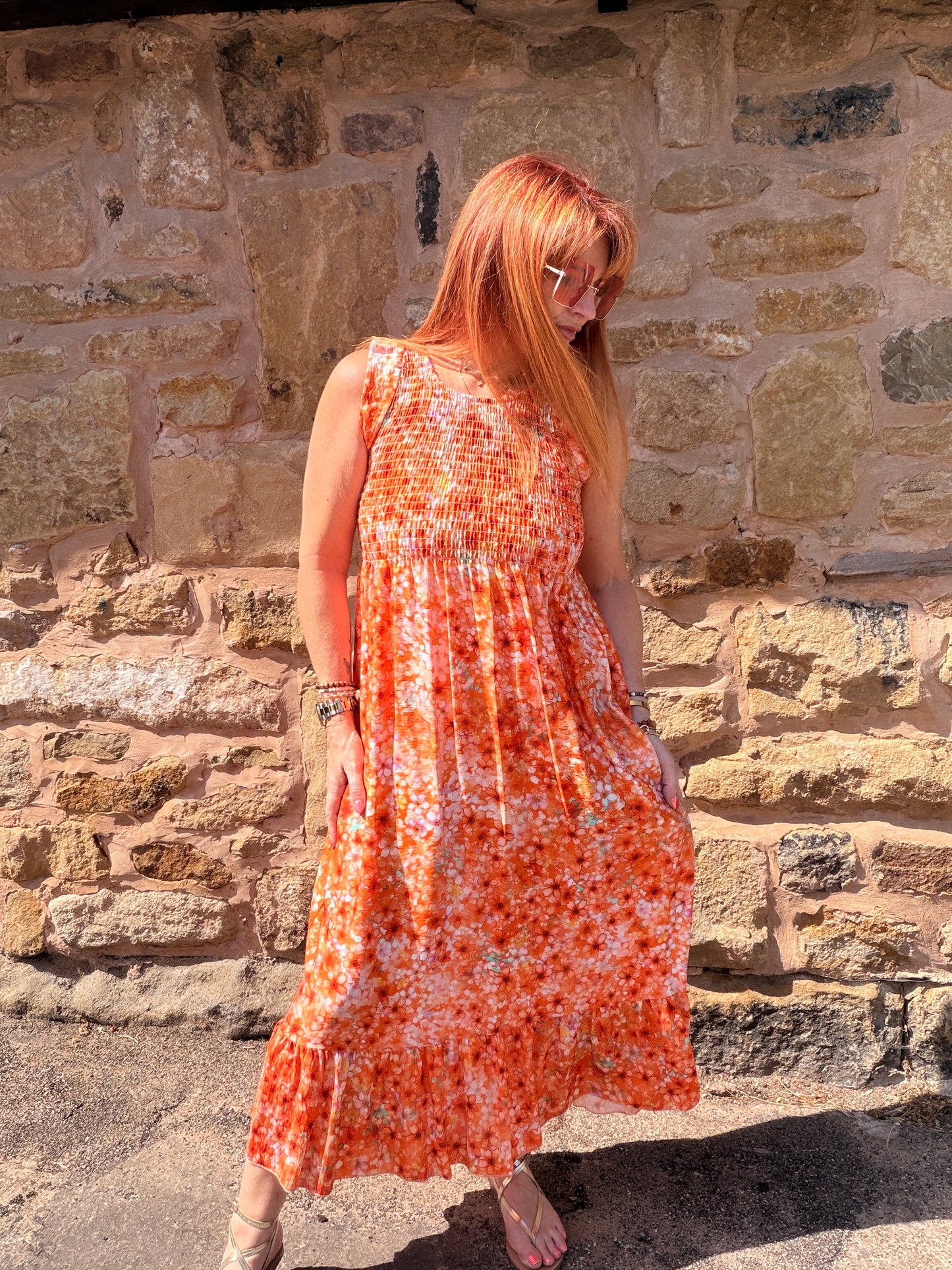 Carmen: Floral shirred midi dress. One size 10-16. Various colours