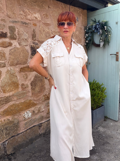 Lacey: Floral crochet buttoned front maxi dress with belt. One size: 10-16. 3 colours