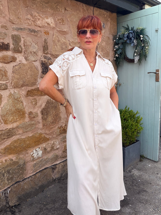 Lacey: Floral crochet buttoned front maxi dress with belt. One size: 10-16. 3 colours