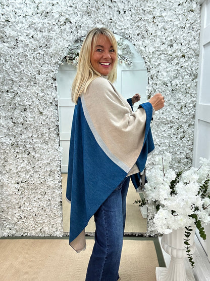 Nellie: Blue & cream wool blend cape. Free size