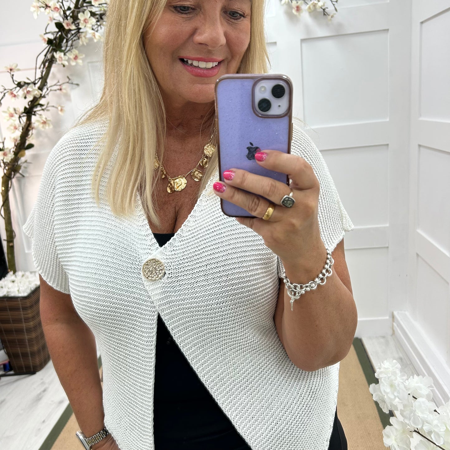Rhoda: White asymmetrical cardigan. One size: 12-18