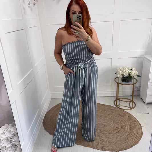 Kendal: Blue pinstripe wide leg jumpsuit. 3 sizes: 10-20