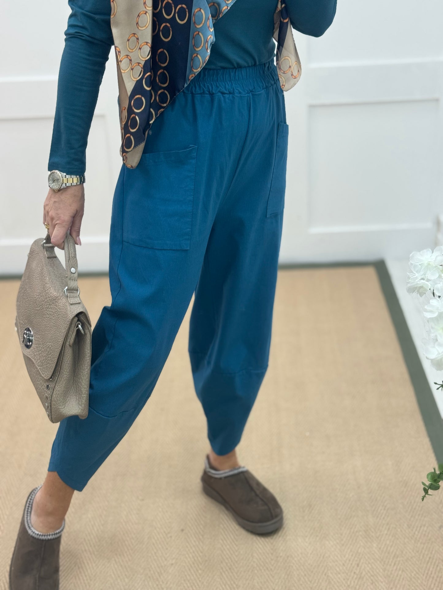 Taylor: Teal cocoon harem trousers. One Sz: 10-16