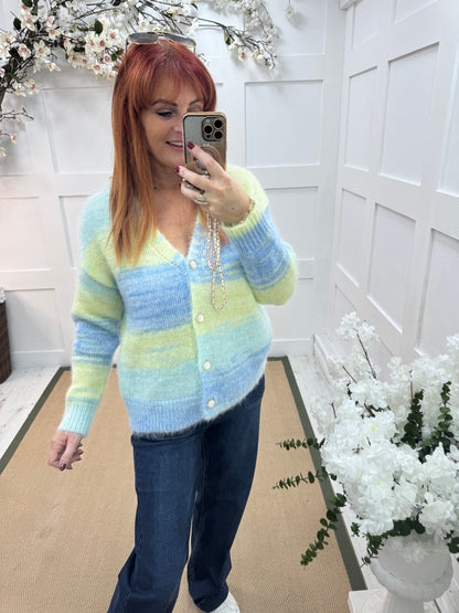 Iris: Blue & lemon stripe V neck cardigan. One size: 12-18