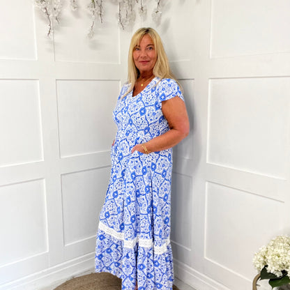 Alicia: China blue & white V neck maxi dress. Sizes: 8-16